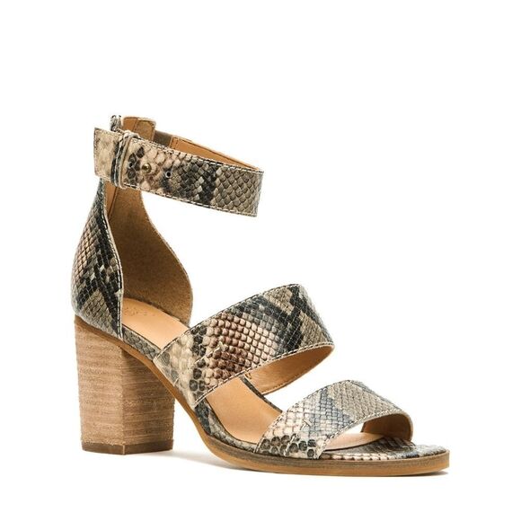 New! FRYE Bryn Stitch Snakeprint Leather Sandals Open-Toe Shoe 3 inch Block Heel - Picture 1 of 11